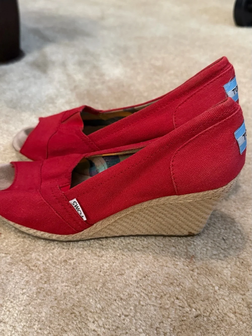 TOMS Red Canvas Wedge Espadrille Peep-Toe Heels